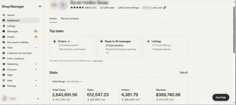 Etsy store dashboard — $389K revenue