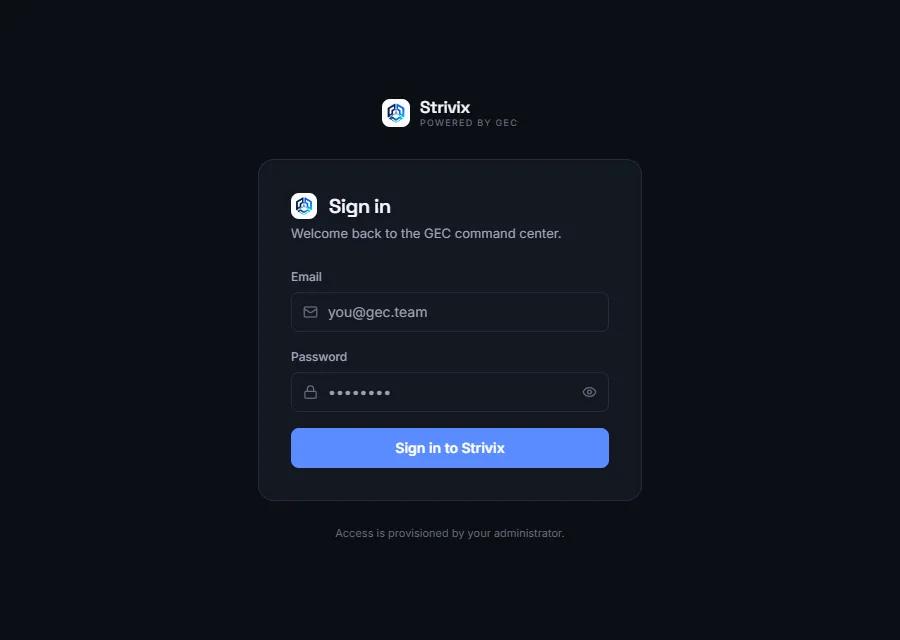 Strivix — the Organization OS sign-in, powered by GEC